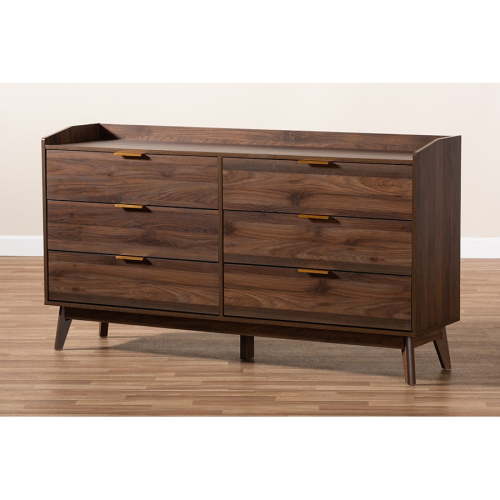 Baxton Studio Lena Mid-Century Modern Walnut Brown Finished 6-Drawer Wood Dresser