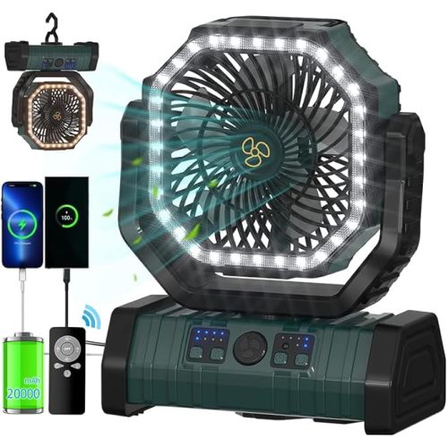 ADUST Camping Battery Operated Powered Fan with LED Lantern Light 20000mAh Rechargeable Portable, Oscillating Fan with 360° Rotation Hanging Hook for Tents, Cordless USB Desk Fan(Blackish Green)