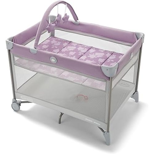 Graco On the Go Zip Pack 'n Play Playard, Folding Playpen with Bassinet, Portable Crib, Lilac Mod