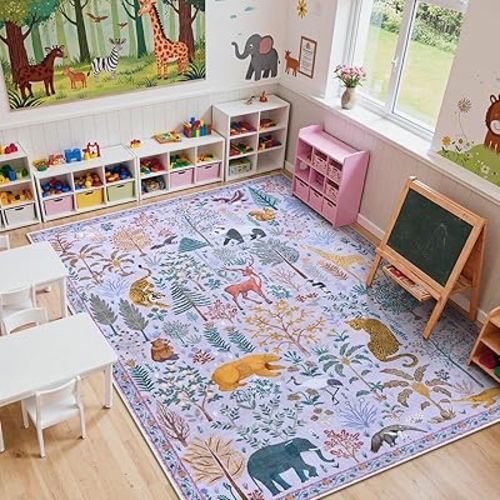 OJIA Animal Kids Room Rugs Washable Area Rug 8x10 Nursery Rug, Boho Rugs for Living Room Playroom 8 x 10 Bedroom Carpet, Non-Slip Ultra-Thin Indoor Large Floor Carpet for Dining Room Farmhouse