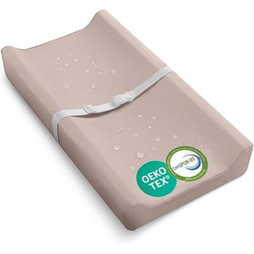 Waterproof Vegan Leather Contoured Baby Changing Pad | Wipe-Clean PU Leather Diaper Change Mat, Soft, Wipeable Removable & Washable Cover, Non-Slip Bottom, Standard Infant Diaper Table & Dresser Tan