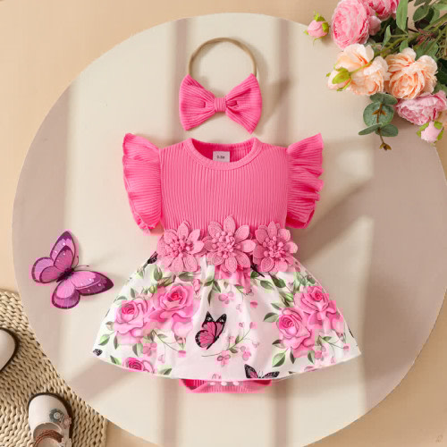 Baby Floral Butterfly Bodysuit with Headband