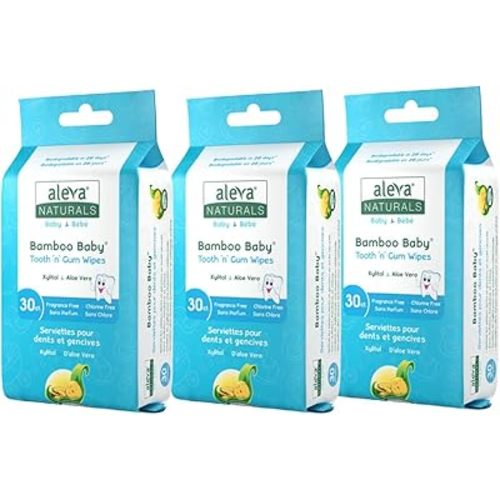 Aleva Naturals Bamboo Baby Tooth and Gum Wipes - Gentle and Easy to Use, Healthy Child Care, Natural and Vegan Wipes, Formulated with Xylitol - Value Pack- 30 Count X 3 (90 Wipes Total)