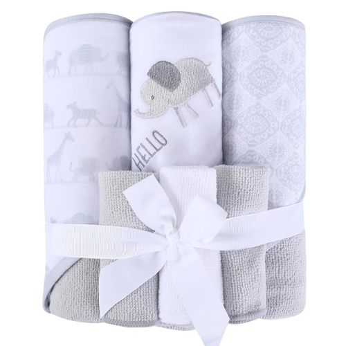 Viviland Baby Towels and Baby Wash Cloths Set Hooded Baby Towels Baby Wipes Absorbent Bath Face Towels Burp Cloths or Face Towels for Girl Boy 6-Pack Size 28 x 28 Inch(Grey Animal Friends)