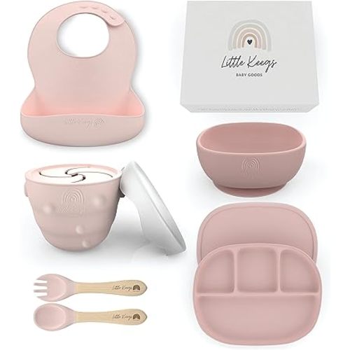 Baby Feeding Set - Baby Must Haves Gift Set - Baby Led Weaning Supplies - Toddler Silicone Dishes - Suction Baby Bowl, Bib, Snack Cup, Utensils, Baby Plate Set of 8 (Pink)
