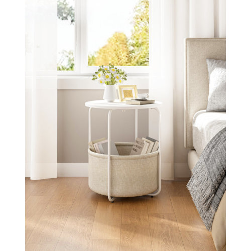 Latitude Run® Marinus Round End Table, Side Table for Living Room, Small Bedside Table for Small Spaces, Modern White Nightstand for Bedroom Nursery with Fabric Storage Basket & Reviews | Wayfair