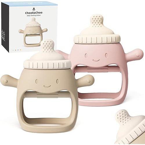 2Pack Baby Teething Toy for Over 3 Month, Food Grade Silicone Teething Mitten, Anti Dropping Wrist Hand Teethers Baby Chew Toys for Sucking Needs, BPA Free (Patent Pending) (Pink & Beige)