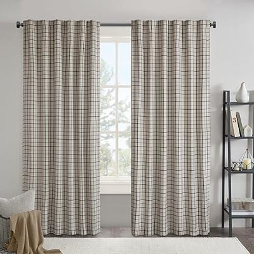 Madison Park Window Curtain for Living Room Thermal Insulated Fleece Lining, Cabin Plaid Curtain Room Darkening Window Drapes Bedroom, Anaheim, 1-Single Panel Pack, 50" x 84" Rod Pocket, Black