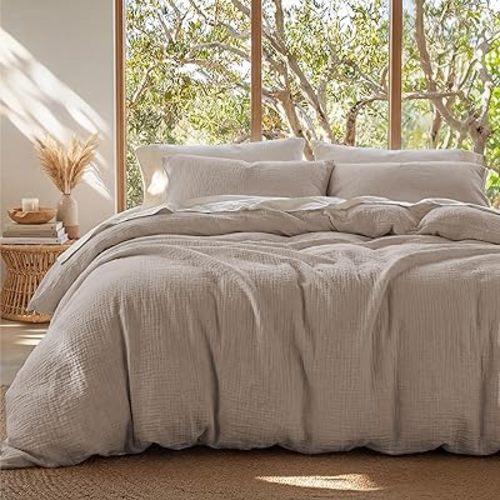 Bedsure 100% Muslin Cotton Duvet Cover King Size - Ultra-Soft Gauze Duvet Cover, PureWoven Breathable & Lightweight Bedding Set with Button Closure and Corner Ties (Khaki, King, 104"x90")
