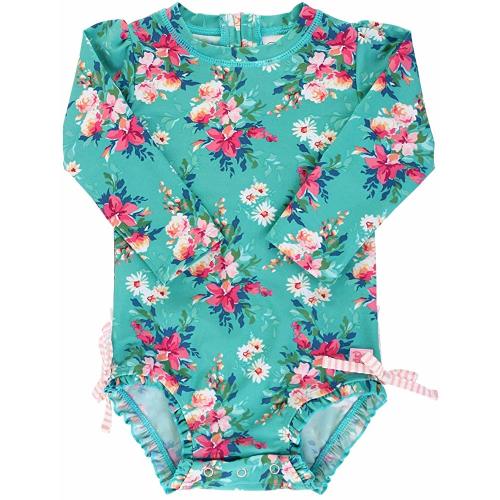 RuffleButts Baby/Toddler Girls UPF 50+ Sun Protection Long Sleeve One Piece Swimsuit with Zipper