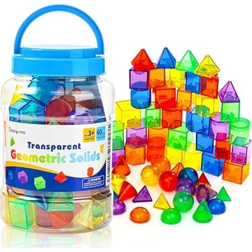 60 Pieces 3D Shapes for Teaching - Geometric Solids for Kids, Light Table Manipulatives, Translucent Toys