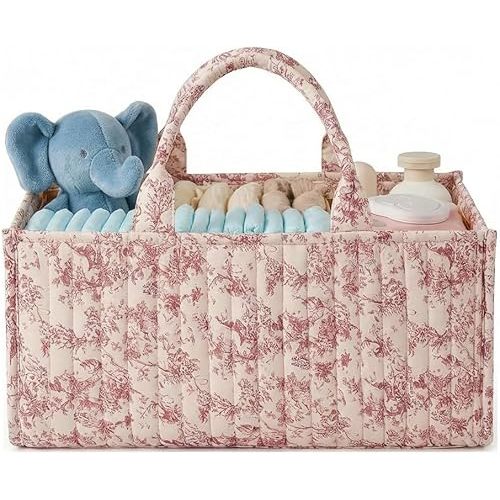 BBIQI Quilted Fabric Storage Basket Floral Baby Diaper Caddy Quilted Basket for Nursery Bedroom Car Storage