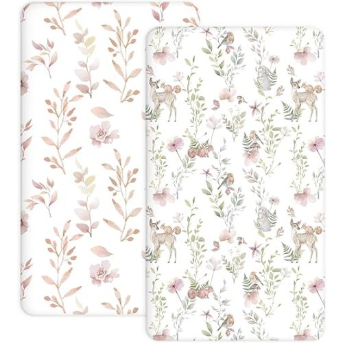 Pack and Play Sheets 2 Pack, Fitted Jersey Knit Mini Crib Sheets for Baby Boys and Girls, Compatible with Graco Pack N Play and Mini Crib Mattress (Floral Fawn, Pack N Play/Mini Crib Sheets)