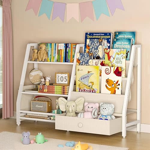 CONLI 3 Tier Book Shelf for Kids Rooms, Nursery Book Shelves with Drawer, Montessori Baby Toddler Bookshelf, White Kids Bookshelf and Toy Storage for Nursery, Bedroom, Playroom, Children Room