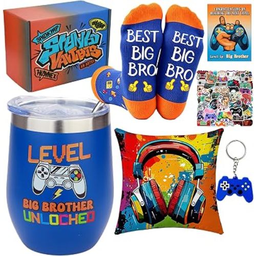 Dreamgirnh Big Brother Gamer Gift Set-6 PCS New Brother Gifts for Boys, 12 oz Big Bro Unlocked Tumbler, Birthday Christmas Gaming Gifts for Sibling and Teens Boy