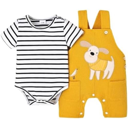 Baby Boy Clothes Infant Summer Outfits Short Sleeve Striped Romper Cute Cartoon Dog Overall Pants Set 2pcs 0-18 Months