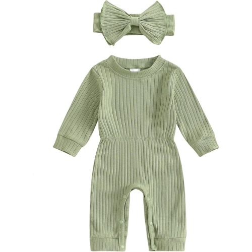 Winioder Newborn Baby Girl Fall Clothes Ribbed Long Sleeve Romper Jumpsuit with Headband Infant 2Pcs Coming Home Outfit