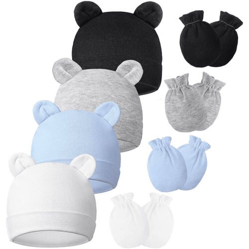 Newborn Bear Ears Hats and Mittens Sets Preemie Cotton Caps Boy Girl Infant Hospital Beanie