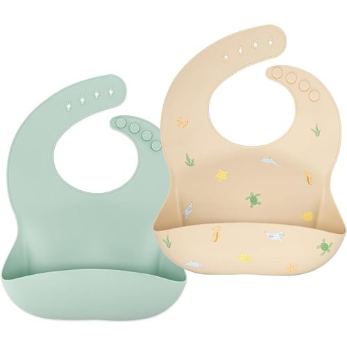 Waterproof Silicone Bib Set with Adjustable Neck Closure - Durable Silicone Bibs for Babies - Set of 2
