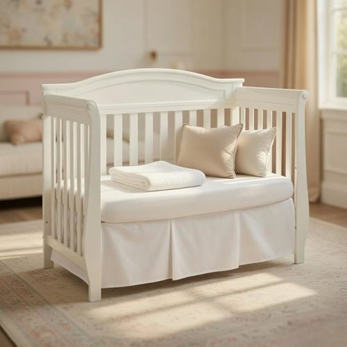 EVERYDAY KIDS White Pleated Crib Skirt; 100% Natural Cotton Nursery Crib Bedding Skirt for Baby Boys and Girls; Crib Dust Ruffle with Split Corners for Easy On and Off, 14 Inch Drop