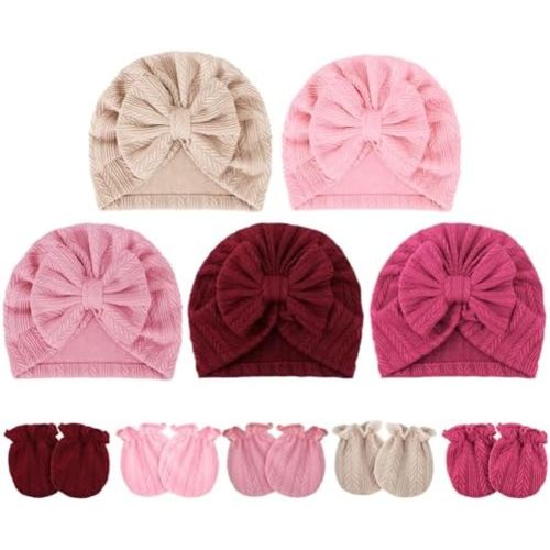 BQUBO Baby Turban Hats and Mittens Set Newborn Infant Hospital Hats Caps with Bows for Baby Boys Girls 0-12 Months