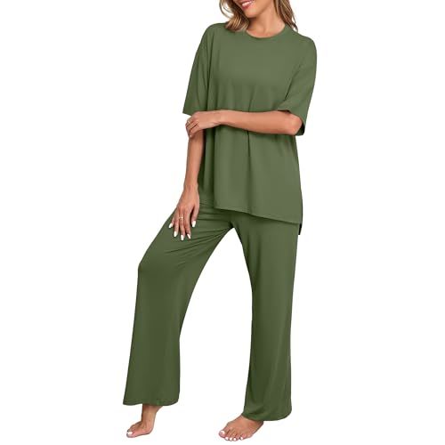 PrinStory Pajamas for Women Soft Pjs Lounge Set S-4XL | Short Sleeve Tops and Long Pants, 2 Piece Stretchy Pjs Set with Pockets for Sleep, Home, Travel, Vacation, Maternity, Nursing