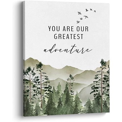 XWELLDAN You are Our Greatest Adventure Woodland Nursery Inspirational Wall Art Canvas Prints,Watercolor Forest Mountain Adventure Wall Art Decor for Kids Baby Bedroom Nursery, 8 x 10 Inch, Framed