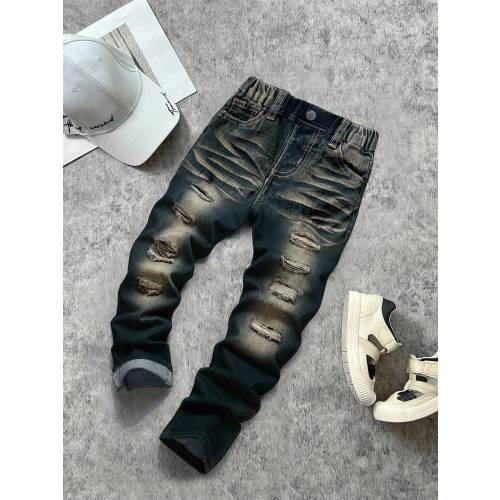 SHEIN Baby Boy Vintage Distressed Stonewashed Frayed Ripped Stretch Skinny Blue Denim Jeans Fall Winter,For Baby Fall/Winter Dailywear,Streetwear,Halloween,Christmas,Winter Warm Jeans