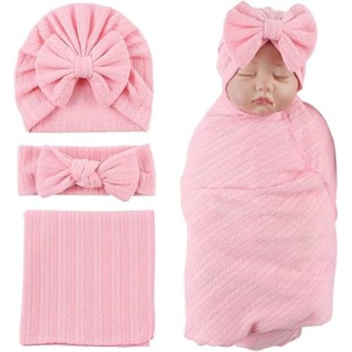 OMUKY Newborn Receiving Blanket Bow Headband and Beanie Set Baby Swaddle Receiving Blankets Baby Boy Girls Nursery Swaddle Wrap(Light Pink)