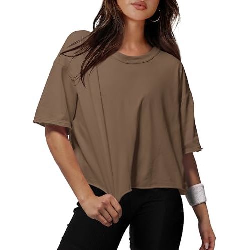 XIEERDUO Cotton Tshirts for Women Drop Shoulder Round Neck Oversized Crop Tops Workout Tops Tees