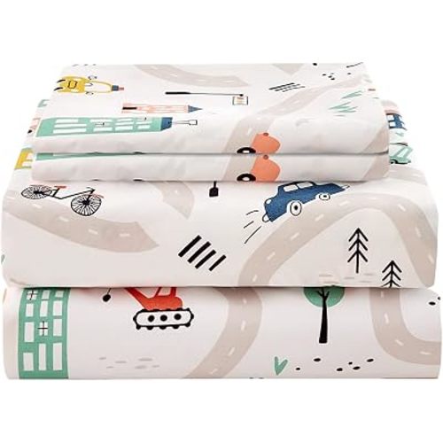 JSD Full Size Car Kids Printed Sheet Set 4 Piece, Soft Microfiber Bed Sheets Deep Pocket