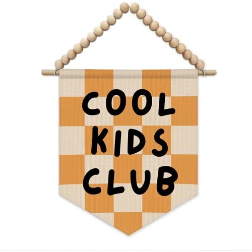 SJDFCSA Kids Playroom Wall Art Decor, Kids Room Decor, Cool Kid Club Trendy Orange Checkered Boho Wall Hanging Display Pennant Flag for Boys Girls Nursery Toddler Room Bedroom Playroom