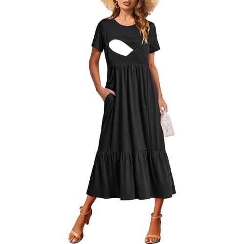 Women Nursing Short Sleeve Crew Neck Fall Dress Maternity Flowy Maxi Dresses Tiered Cocktail Dress with Pockets