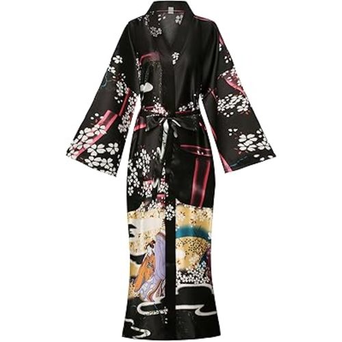 Women's Floral/Patterned Silky Kimono Robes Long Satin Bathrobes Sleepwear Loungewear