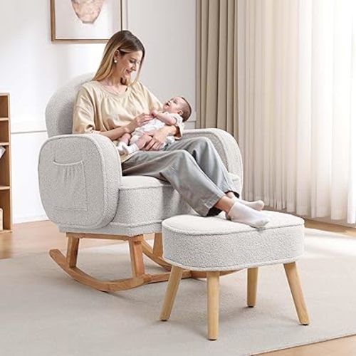 Rocking Chair Nursery with Ottoman Footrest, Upholstered Glider Rocker with High Backrest and Side Pocket, Rocking Accent Armchair with Solid Wood Legs for Nursery, Living Room, Bedroom White