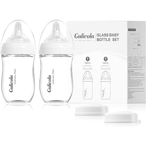 Natural Glass Baby Bottle for Breastfeeding Babies, Newborn Anti-Colic Bottle Set with Slow Flow Nipple, 0-3 Months, 5 oz, 2 Pack - White