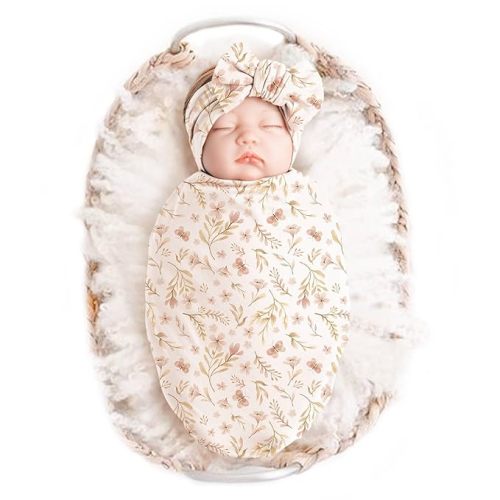 Konssy Baby Girl Newborn Receiving Blanket with Headband Set Baby Swaddle Nursery Swaddle Wrap