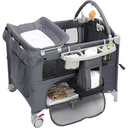 Ktaxon 5 in 1 Bedside Bassinet, Pack and Play, Bedside Crib with Diaper Changer, Spacious Storage Basket, Protective Mosquito Net, Engaging Toy Bar and Travel Bag for Newborn to Toddler(Grey)