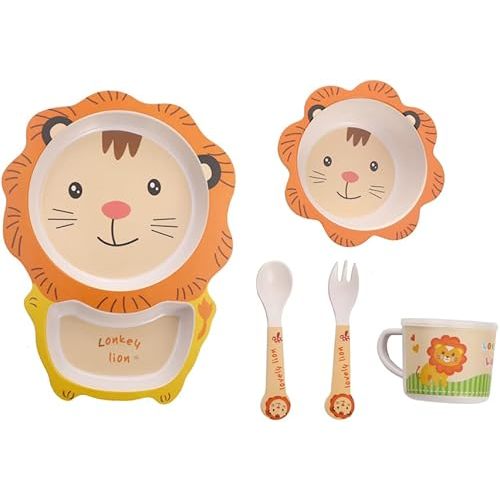 Kids Dinnerware Set Bamboo 5 Pcs with Plate Bowl Cup Fork Spoon (Lion)
