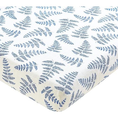 Margaux & May Organic Muslin Cotton Baby Crib Sheet, Blue Fern Print, Fitted, Breathable, Toddler Bedding, 52 x 28, Deep Pocket, Organic Crib Sheets for Cozy Sleep