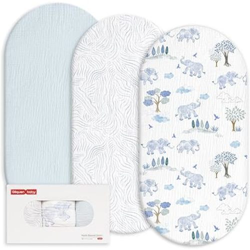 Gllquen Baby Muslin Bassinet Sheets 3 Pack, Breathable Elastic Cozy Fitted Cotton Bassinet Mattress Sheet for Baby Boy Girls, Fit for Hourglass Oval Rectangular Cradle Pad Sheets 33"x17" (Light Blue)