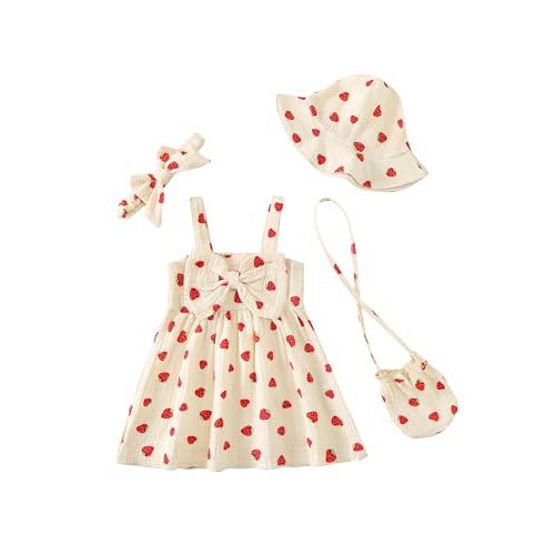 SODLON Toddler Girl Clothes Summer Baby Girls Beach Dresses Outfits 3M-4T | Toddler Summer Clothes, Cute Floral Dress for Gifts, Sleeveless Bowknot Beach Sundress with Hat and Bag, 4-Piece Clothing Set