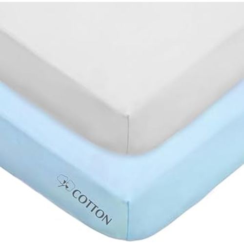 American Baby Company 2 Pack 100% Natural Cotton Fitted Crib Sheets 52" x 28" - Soft, Breathable, Hypoallergenic & Gentle Toddler Bed Sheets, Blue and White, Neutral for Boys & Girls