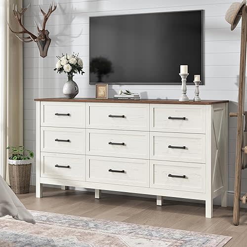 Farmhouse Dresser for Bedroom, 9 Drawers Dresser with Natural Texture, Large Wood Rustic Wide Chest for Bedroom, Hallway, Entryway, Antique White