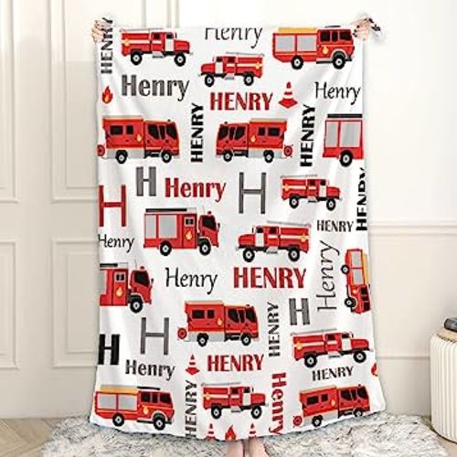 Personalized Blanket Custom Fire Trucks Blankets for Boys Girls Kids Super Soft Plush Throw Blankets Decor for Couch Sofa Birthday Gift 50"x40" for Kids