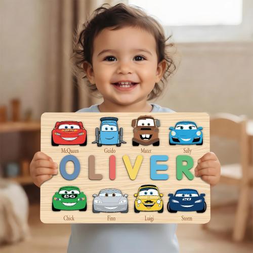 Personalized Wooden Name Puzzle, Cars Characters, Custom Baby Boy Gift, Lightning McQueen Toy
