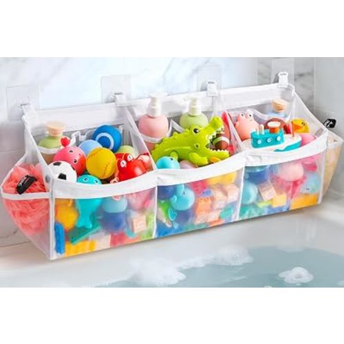 Extra Large Bath Toy Organizer with 3 Compartments and Multiple Pockets, Quick-Dry Mesh Bathtub Storage for Kids' Toys (White)