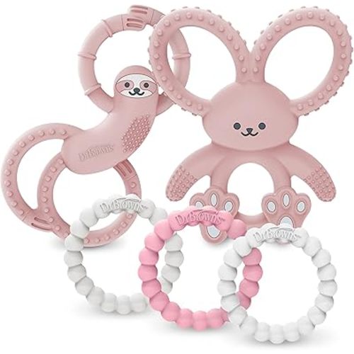 Dr. Brown’s Flexees Beaded Teether Rings, Bunny, and Sloth, 100% Silicone, Soft & Easy to Hold, Encourages Self-Soothe, 5-Pack, Pink, White, Light Pink, BPA Free, 3m+