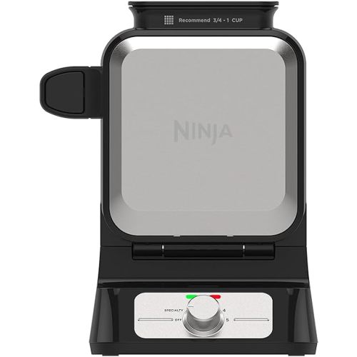 Ninja BW1001 NeverStick PRO Belgian Waffle Maker, Vertical Design, 5 Shade Settings, with Precision-Pour Cup & Chef-curated Recipe Guide, Black & Silver