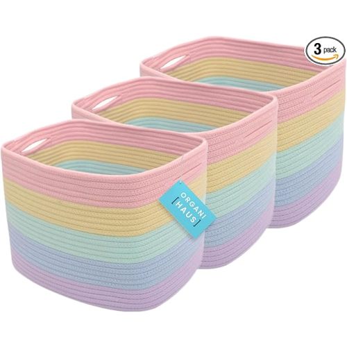 OrganiHaus Set of 3 Pastel Rainbow Woven Storage Baskets for Shelves, Decorative Organizer Bins for Kids Room, Nursery & Classroom, Colorful Toy Storage Basket for Playroom Decor – 15x9x10 inches